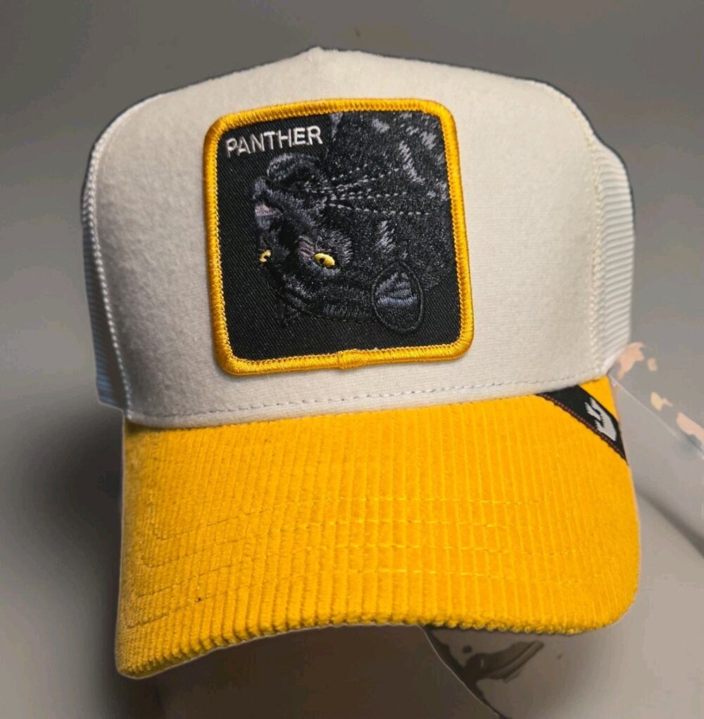 Goorin Bros Panther Rehtnap Trucker Hat White Yellow Corduroy Patch Snapback NEW